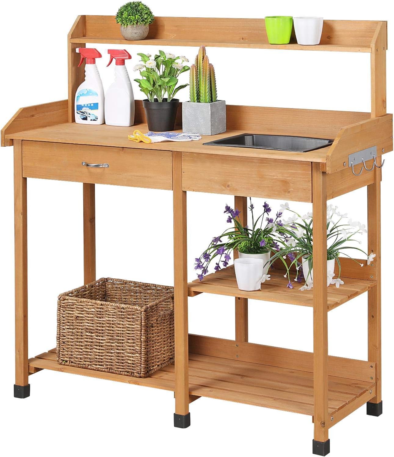 Gardening Tools Wooden - Potting Bench with Sink & Drawer,